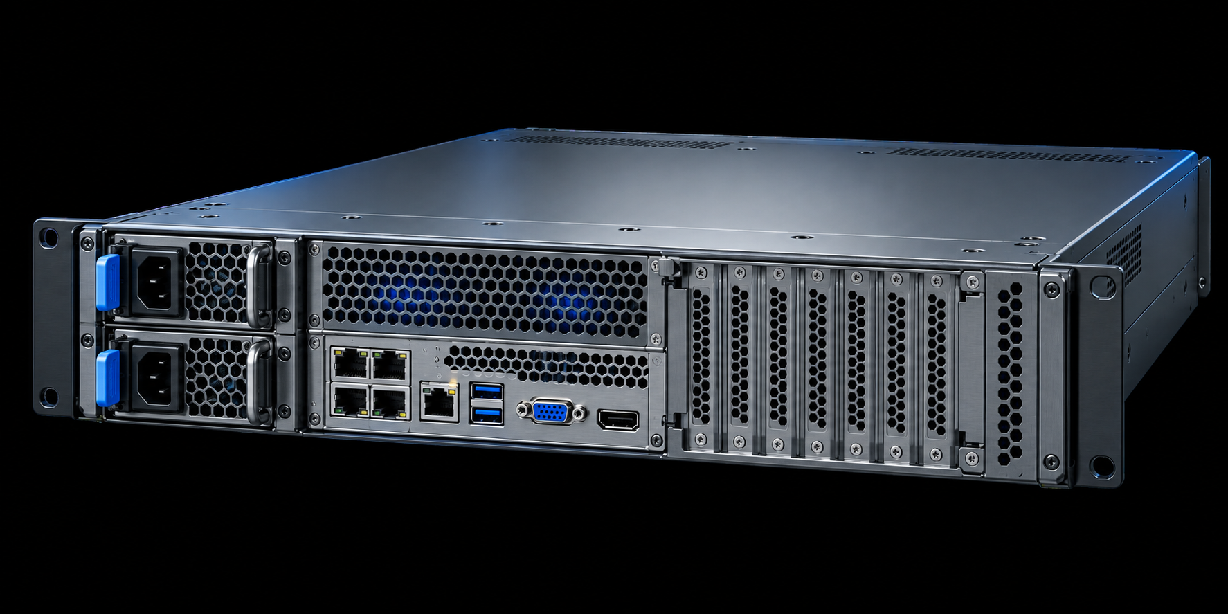 Rear view of enterprise server power and network connections